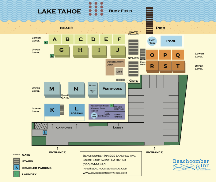 Resort map of The Beachcomber Inn showing the 20 lettered lake-view units, A through T, along the waterfront with the pool, recreation room, and boat dock
