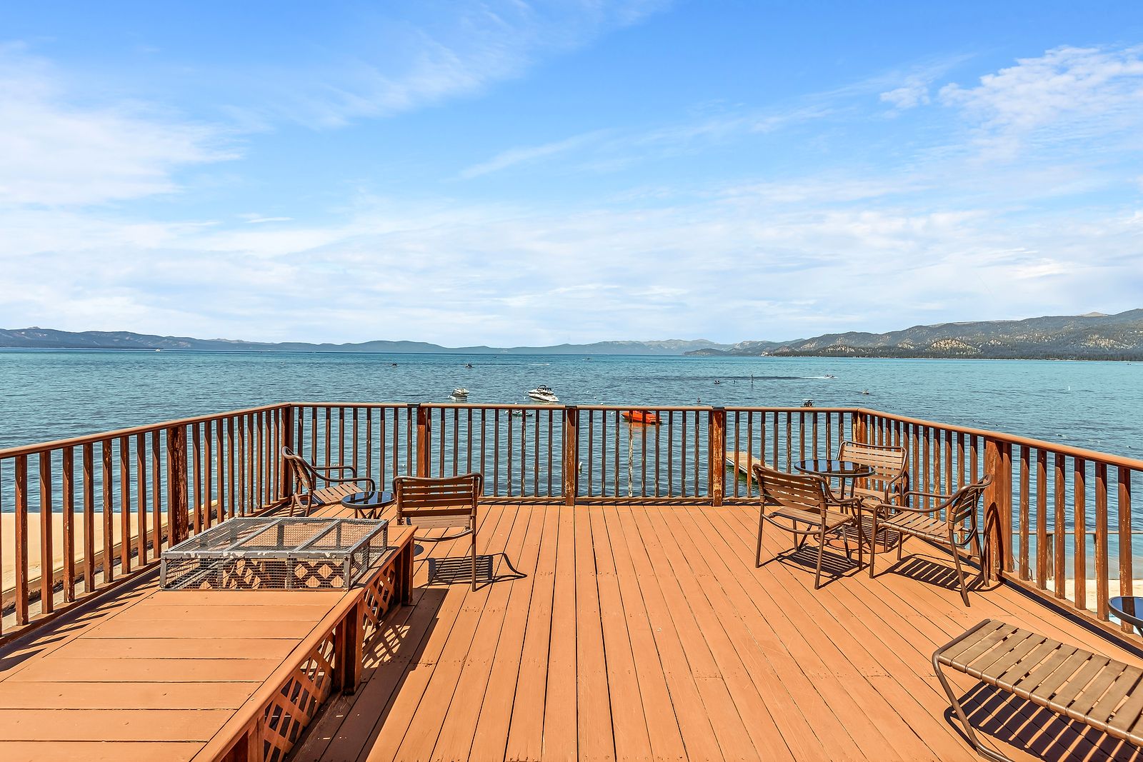 The observation deck above the dock at the Beachcomber Inn, facing Lake Tahoe.