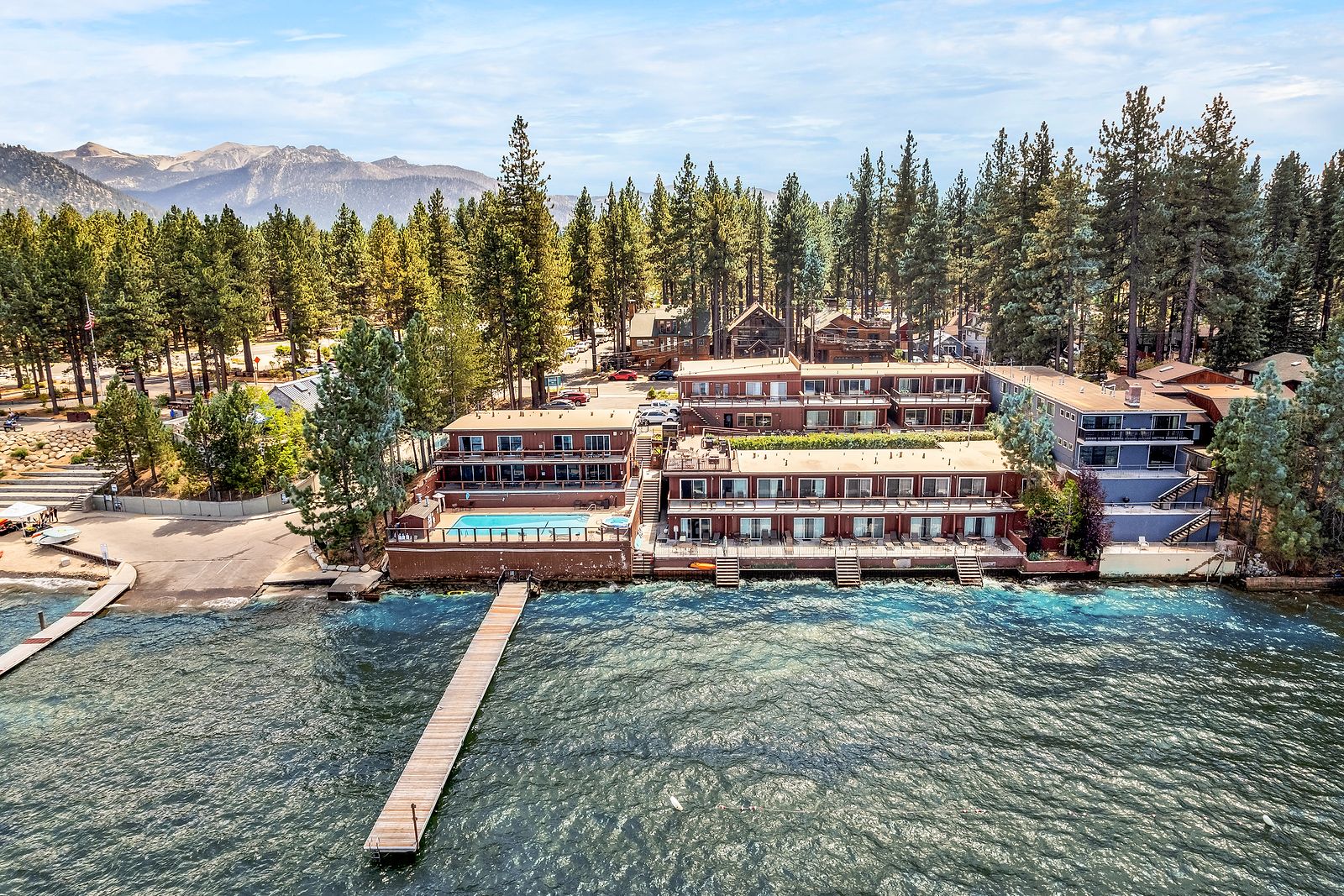 The Beachcomber Inn from the air, on the shore of Lake Tahoe.