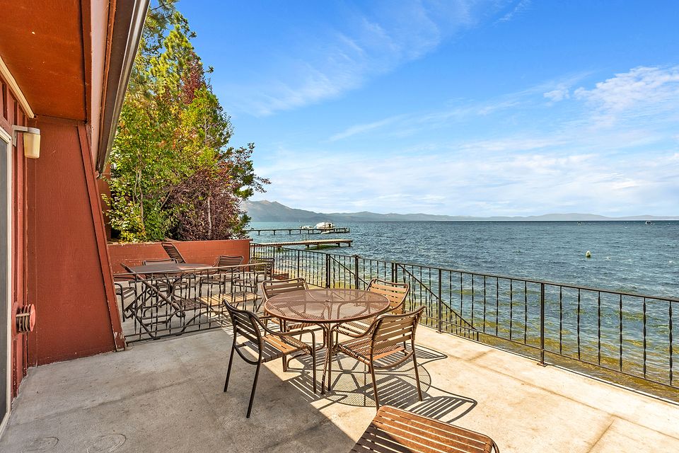 Private deck on the water with a view of Lake Tahoe, Unit B at the Beachcomber Inn