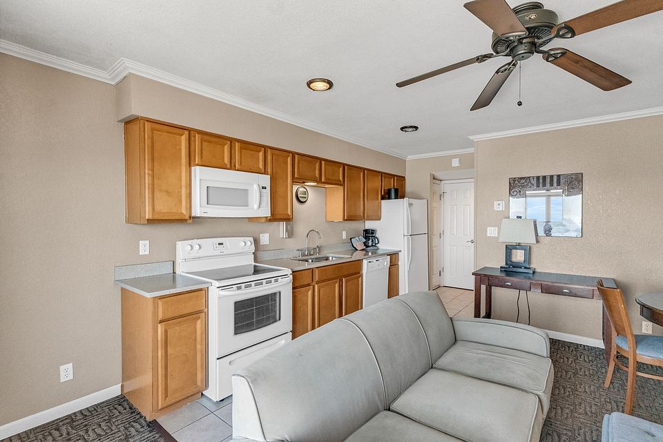 Full kitchen and living room, Unit E at the Beachcomber Inn