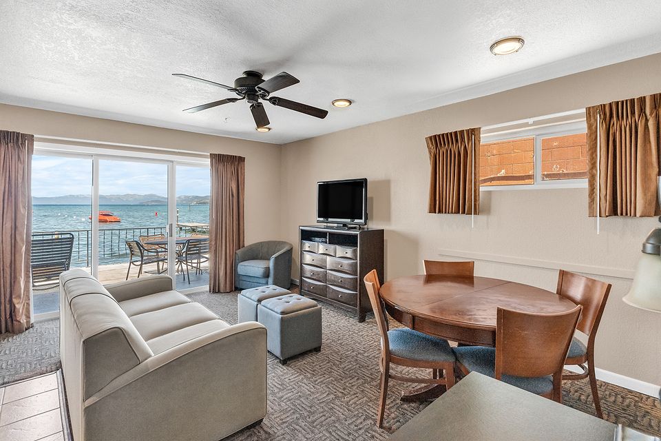 Living room looking out at Lake Tahoe, Unit F at the Beachcomber Inn