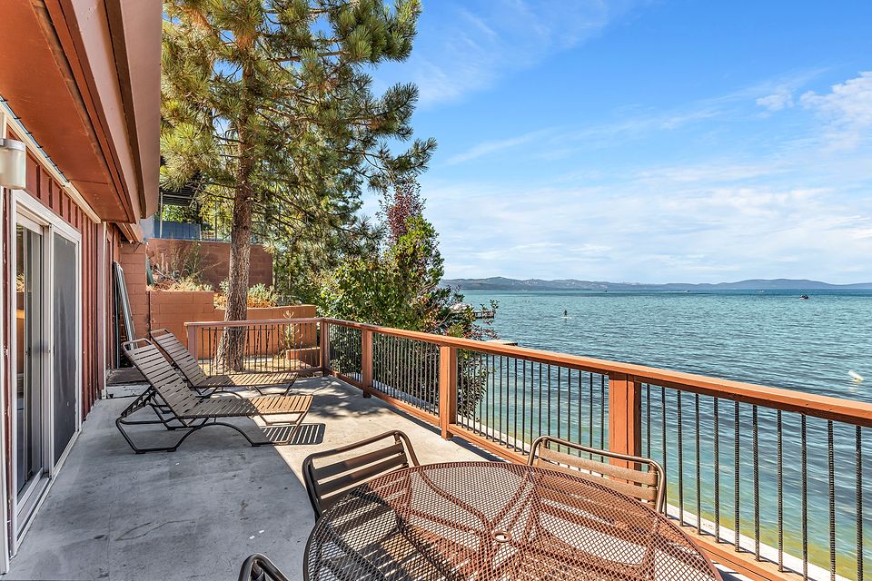 Private deck with a view of Lake Tahoe, Unit G at the Beachcomber Inn