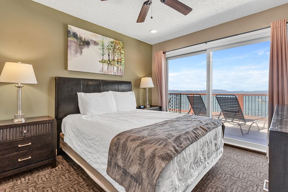 Bedroom with a view of Lake Tahoe, Unit H at the Beachcomber Inn