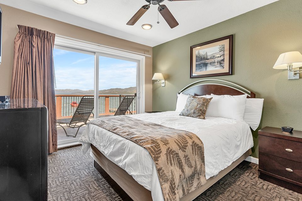 Bedroom with a view of Lake Tahoe, Unit I at the Beachcomber Inn