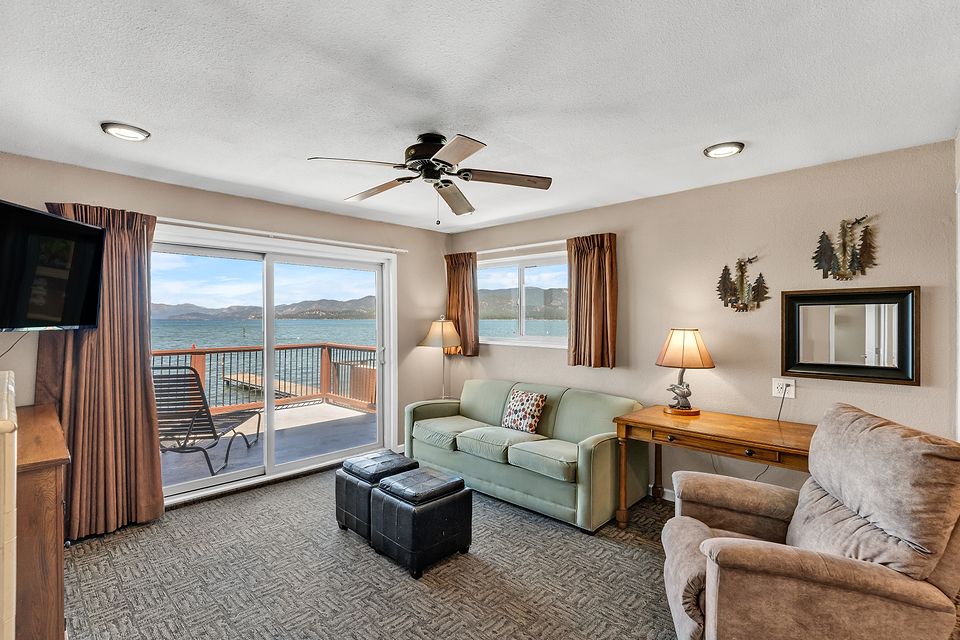Living room looking out at Lake Tahoe, Unit J at the Beachcomber Inn