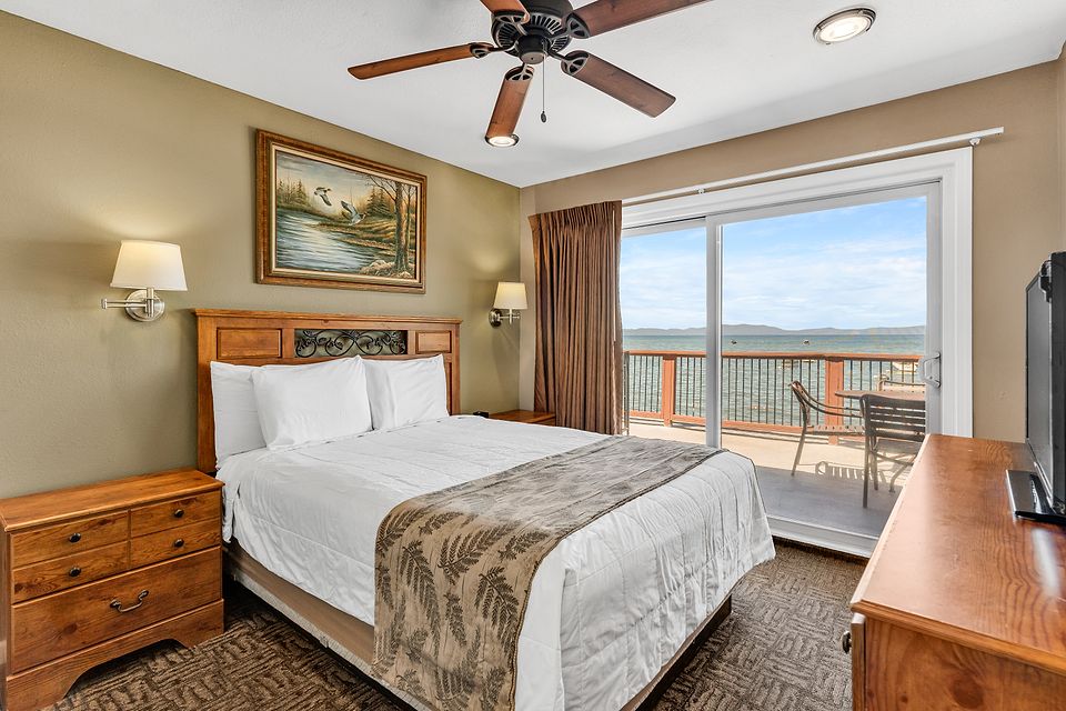 Bedroom with a view of Lake Tahoe, Unit J at the Beachcomber Inn