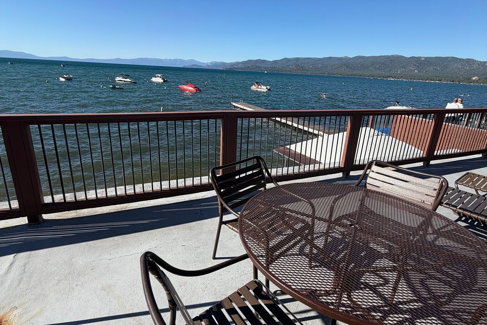 Lake Tahoe viewed from a private deck at the Beachcomber Inn.