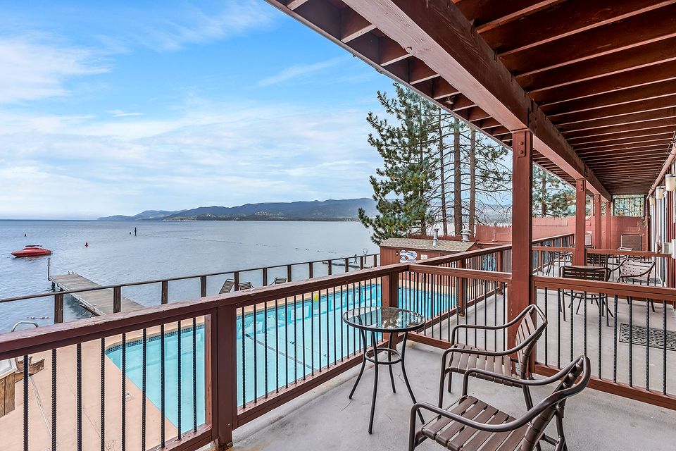 Private deck above the pool with a view of Lake Tahoe, Unit O at the Beachcomber Inn