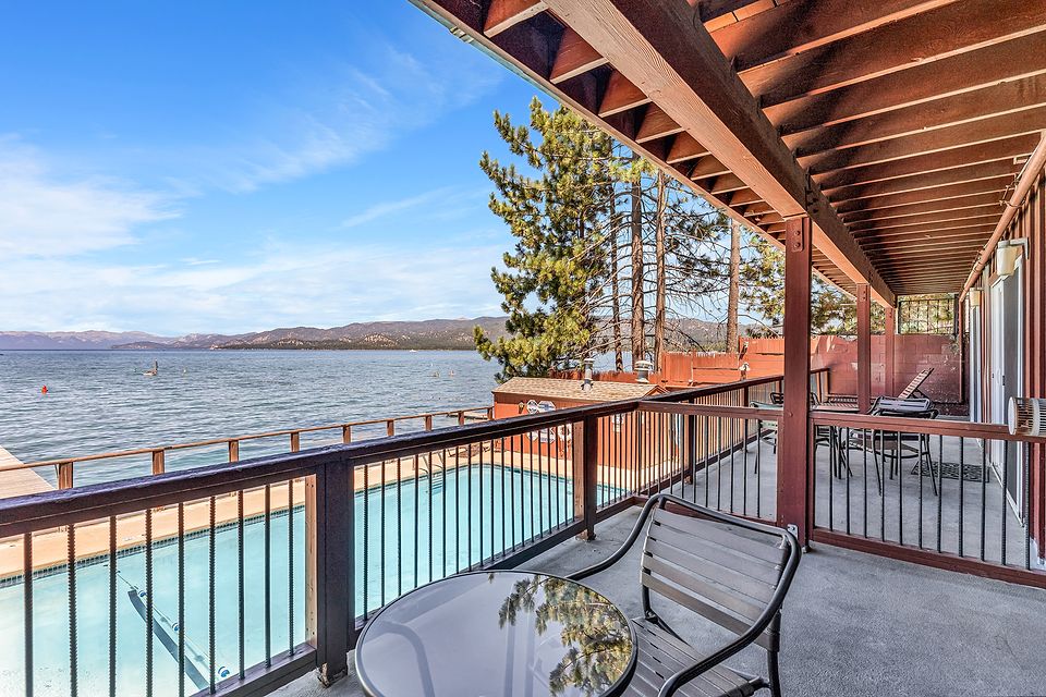 Private deck above the pool with a view of Lake Tahoe, Unit P at the Beachcomber Inn