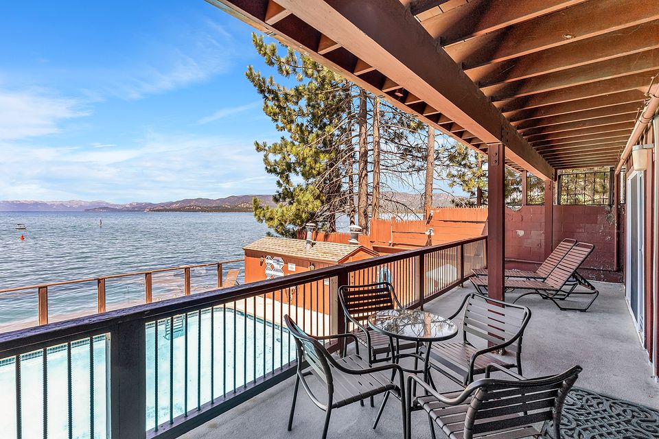 Private deck above the pool with a view of Lake Tahoe, Unit Q at the Beachcomber Inn