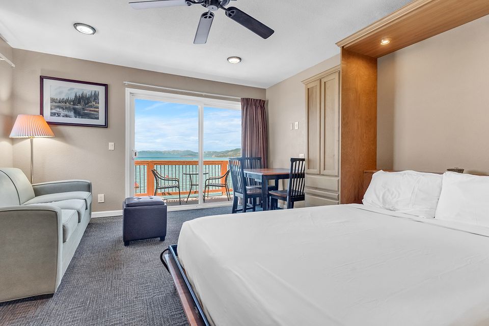 Studio living area with the wall bed down and a Lake Tahoe view, Unit R at the Beachcomber Inn
