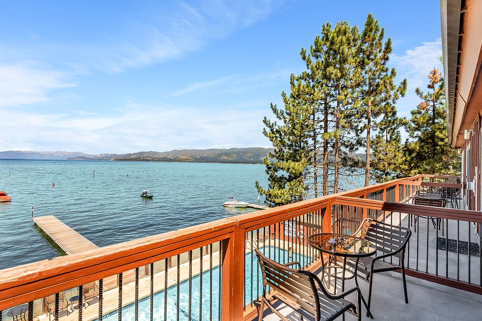 Private deck above the pool with a view of Lake Tahoe, Unit R at the Beachcomber Inn