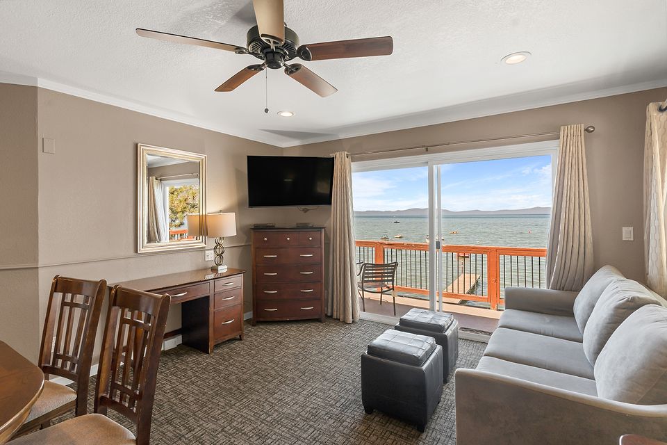 Living room looking out at Lake Tahoe, Unit T at the Beachcomber Inn