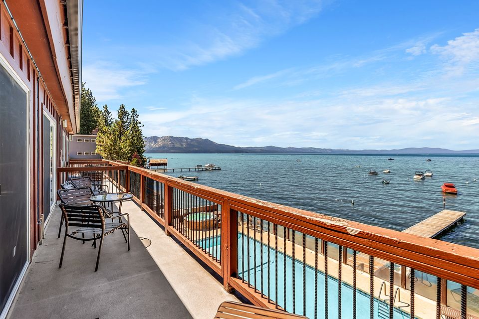 Private deck above the pool with a view of Lake Tahoe, Unit T at the Beachcomber Inn