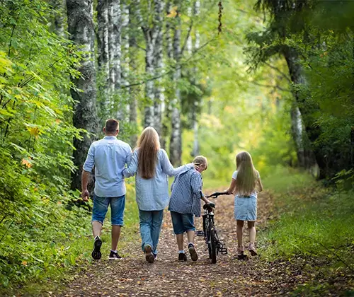family walking in the woods